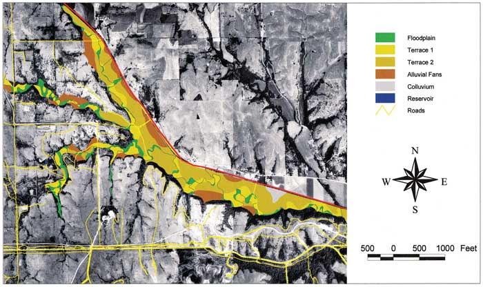 Aerial photo of Wildcat Creek area with floodplain, terraces, other features shown.