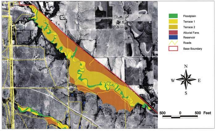 Aerial photo of Upper Wildcat Creek area with floodplain, terraces, other features shown.