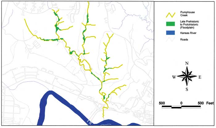 Map of Pumphouse Creek area with Late Prehistoric to Protohistoric zones shown.