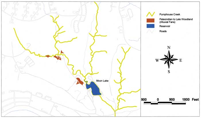 Map of Pumphouse Creek area with Paleoindian to Late Woodland alluvial fans shown.