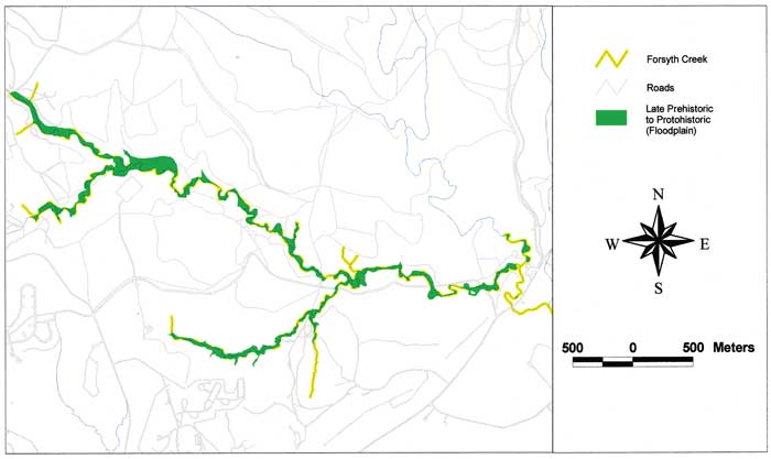 Map of Pumphouse Creek area with Late Prehistoric to Protohistoric floodplain shown.