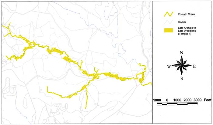 Map of Forsyth Creek area with Late Archaic to Late Woodland sediments shown.