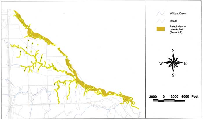 Map of Wildcat Creek area with Paleoindian to Late Archaic sediments shown.