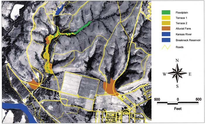 Aerial photo of Breakneck Creek area with floodplain, terraces, other features shown.