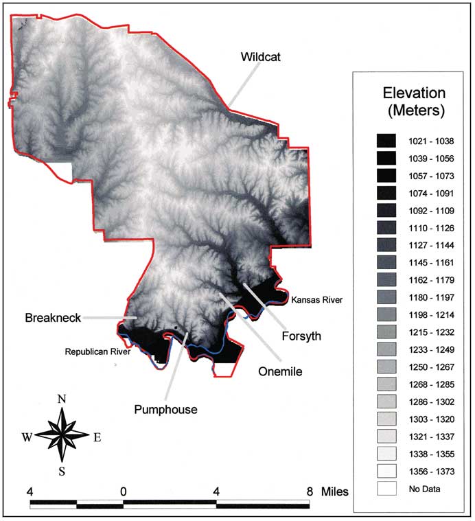 Stream drainage digital elevation model shown in shades of gray.