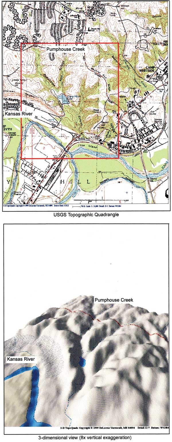 3-D imaging of drainage basins (gray scale) shown with topographic view; Pumphouse Creek.