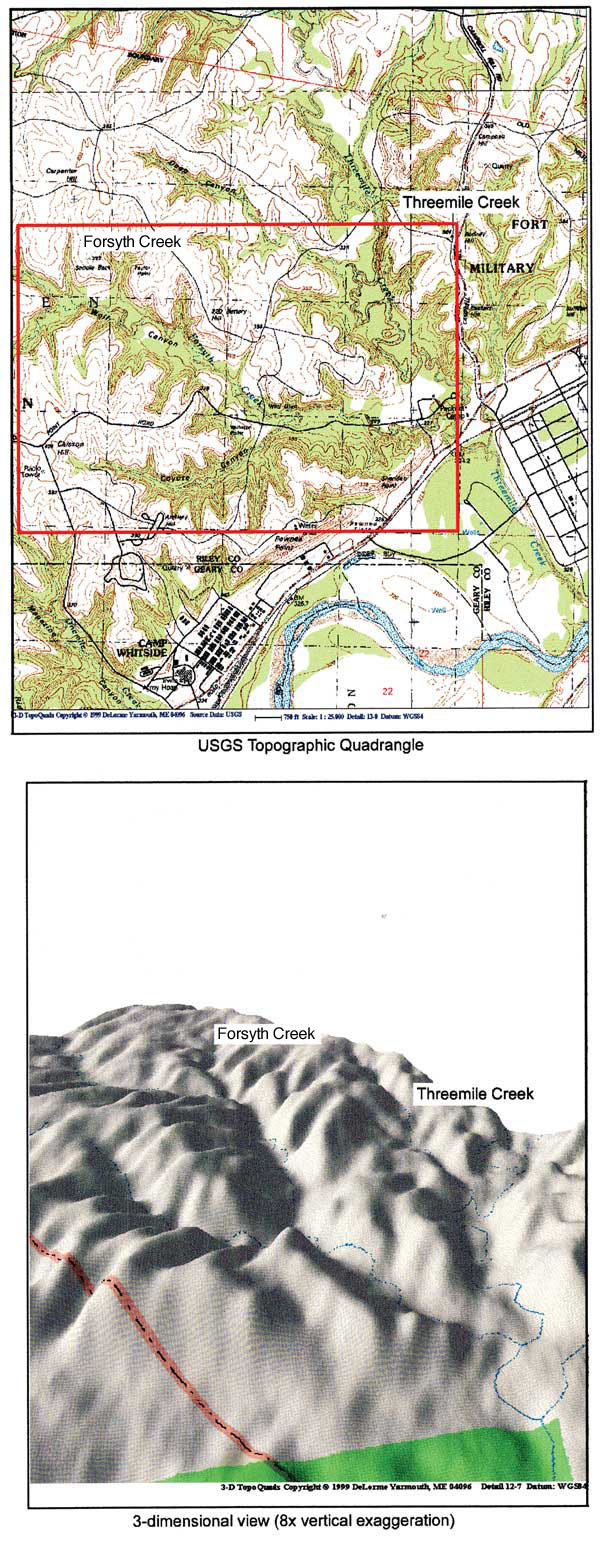 3-D imaging of drainage basins (gray scale) shown with topographic view; Forsyth Creek.