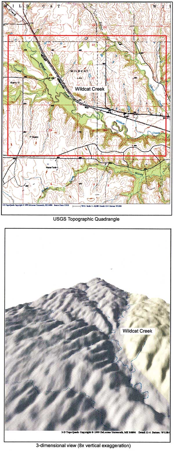 3-D imaging of drainage basins (gray scale) shown with topographic view; Wildcat Creek.