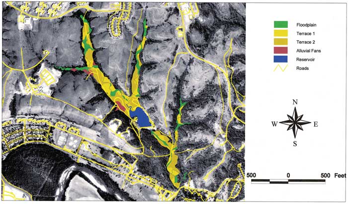 Aerial photo of Pumphouse Creek area with floodplain, terraces, other features shown.