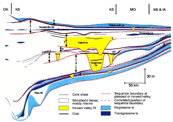 Ireland SS and Tonganoxie SS are incised valley fills; eight sequence boundaries shown.
