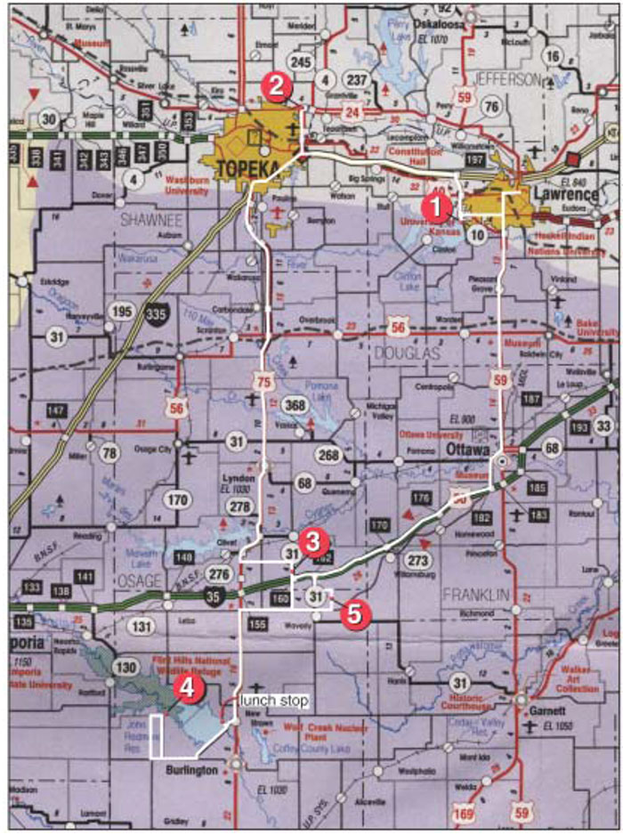 Road map of northeast Kansas showing stops in Lawrence, Topeka, John Redmond Reservoir, and north of Waverly.