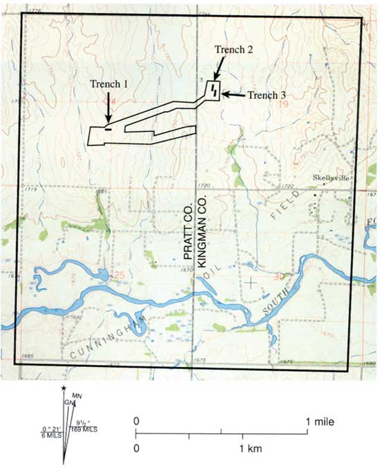 Site is on border of Pratt and Kingman counties; two trenches in NW sect. 19, T. 27 S., R. 12 W., and one in S2 sect. 24, T. 27 S., R. 11 W.