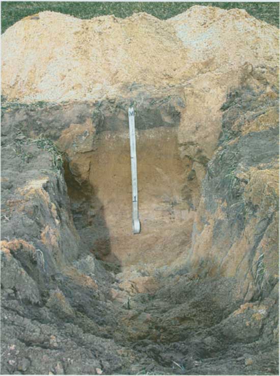 Photo of trench; dark top soil is about 8 inches thick; under that is a much lighter in color.