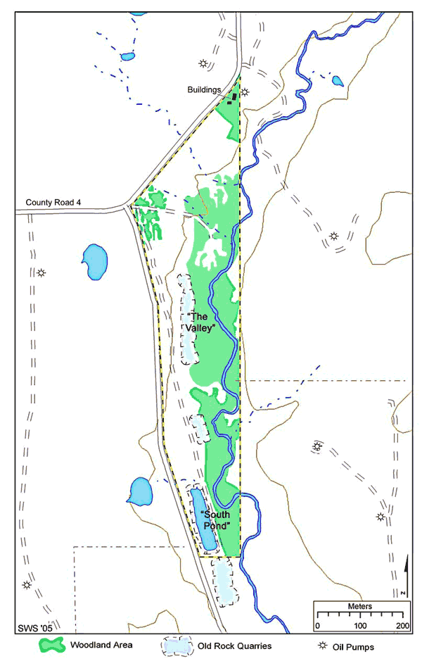 map of study area; several old quarries, 200-400 meters long, bordered by woodlands; county road to west