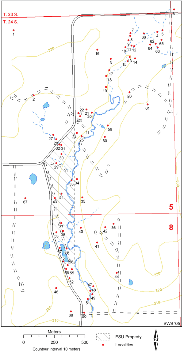 map of study area; localities scattered throughout area, concentrated along streams