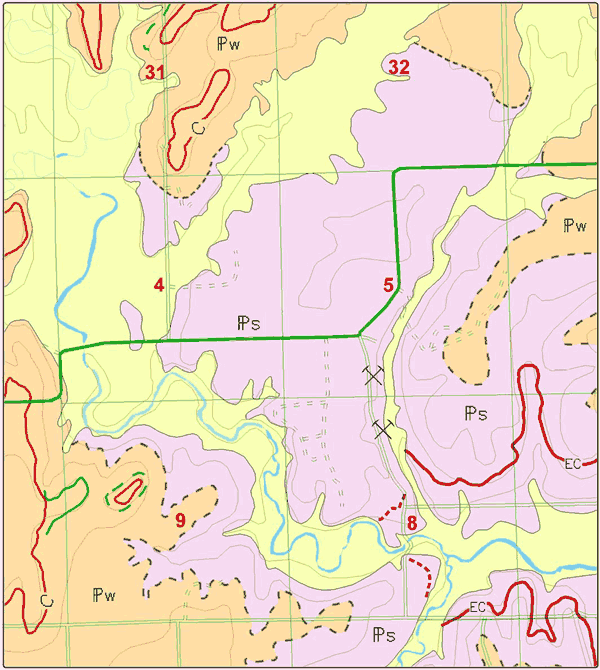 map of study area; localities scattered throughout area, concentrated along streams