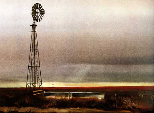 Painting of windmill at dusk in flat landscape; sky gray and dark with small patch of open sky (gold) near horizon; windmill is next to water tank.