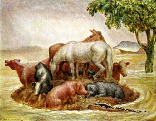 Painting of farm animals (pigs, horse, donkey, cows) huddling on a small hill surrounded by flood waters; tree and shed in water in background; skunks moving up log onto island.