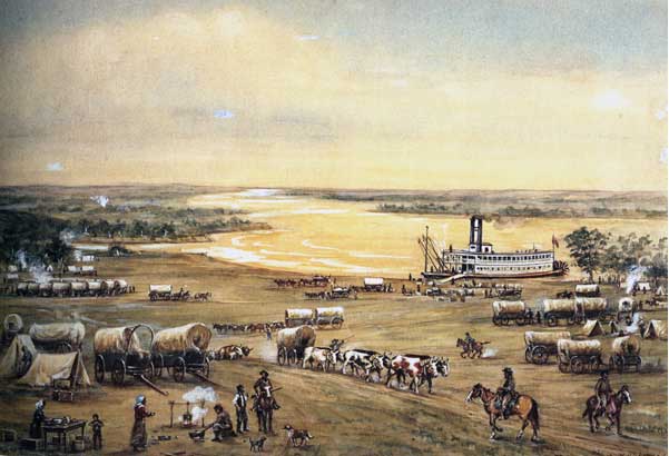Painting of Missouri River, steamboat docked, and wagons milling on slope to river.