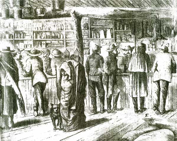 Black and white drawing of inside of small store; various people standing at counter; goods on walls in background; woman with child on her back stands next to dog.
