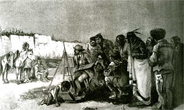 Black and white drawing of artist painting two Native Americans and their horse; several Native Americans are behind the artist watching.