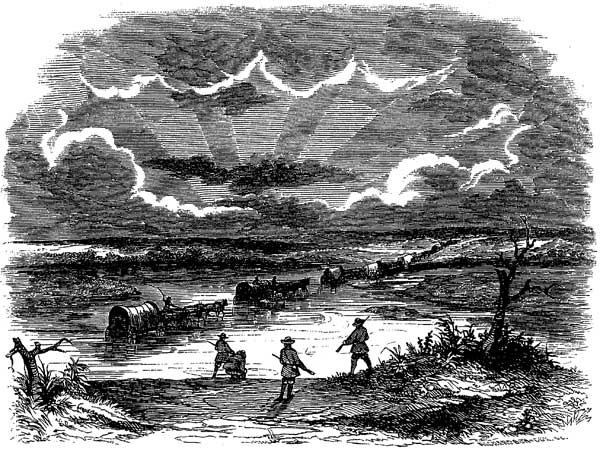 Black and white etching of a stylized sunset over Ark River; wagon train crossing the river.