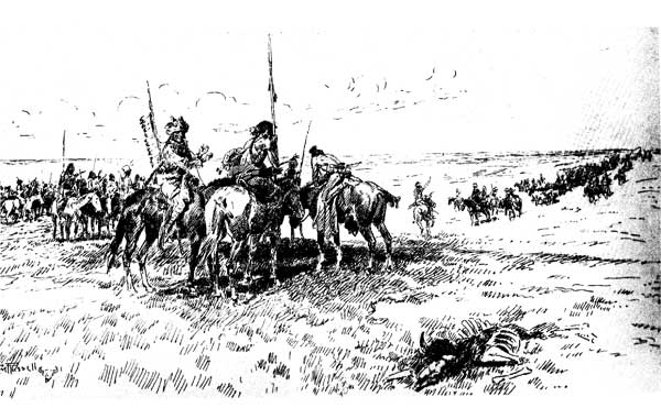 Black and white drawing of Native Americans on horses watching an approaching wagin train.