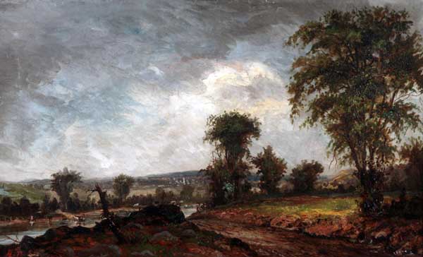 Painting of dirt road going down small hill toward river; a few trees; gray clouds in sky.