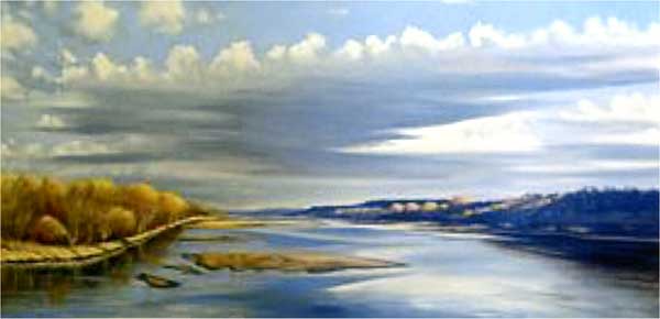 Color painting of the Kansas River; blue sky with clouds (rain?) in background; fall color on trees.