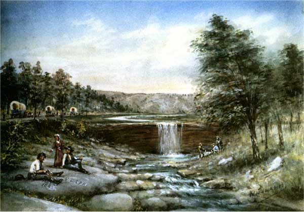 Color painting of small stream falling over small ledge; people sitting on either side of stream on rocks or grass; wagons heading towards hills in background.
