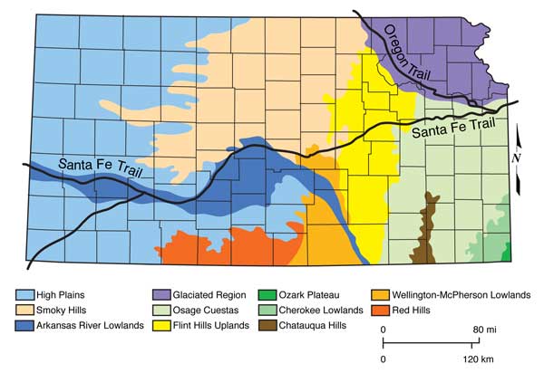 Physiographic map of Kansas; Santa Fe Trail croses Osage Questas and Flint Hlls, then folows Ark River; Oregon Trail follows edge of Glaciated Region in NE Kansas into Nebraska.