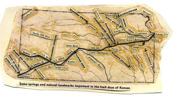 Drawing shows the rivers and scenic locations crossed by the trials; U.S. 56 follows much of Santa Fe Trail.