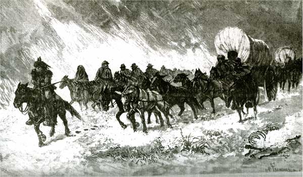 Black and white image of trail rider leading wagins through what appears to be a blizzard.