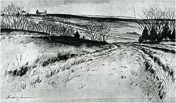 Black and white drawing of trail ruts curving down a hill toward a road; trees with no leaves, farm buildings on horizon.