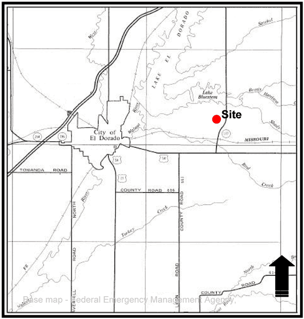 Butler County is in south-central Kansas; location of subsidence is east of El Dorado and south of Lake Bluestem.