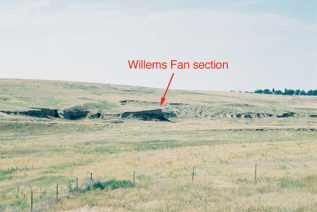 Color photo of hilly grasslands; steep slope in center of photo is Willems alluvial fan.