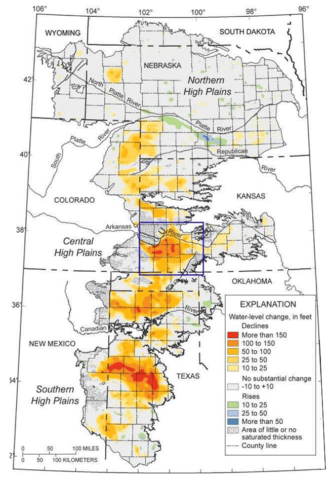 Map of High Plains aquifer from Texas north to Nebraska; greatest declines in Texas Panhandle, western Kansas; few area of rising level in centrall Kansas, Nebraska.