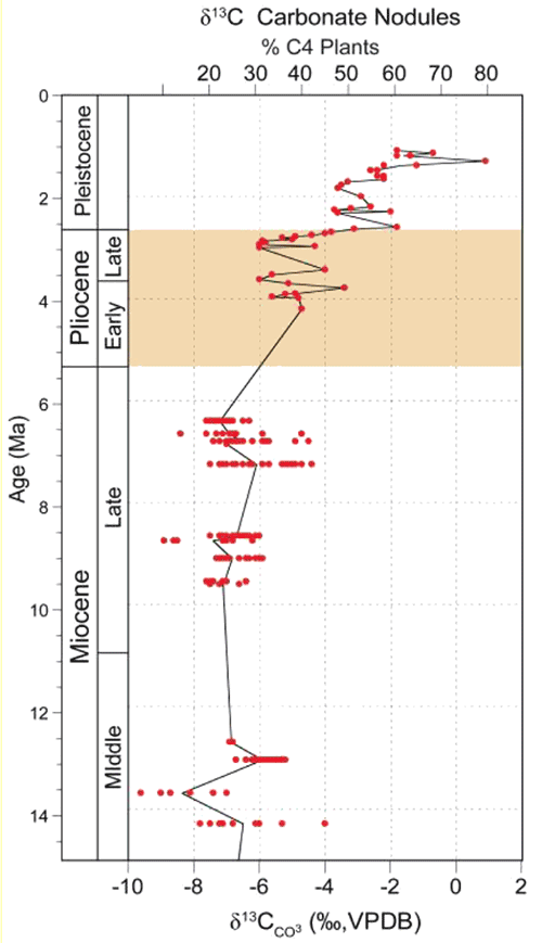 Carbonate delta 13-C record of Neogene sediments in the Great Plains with 5-pt. moving average.