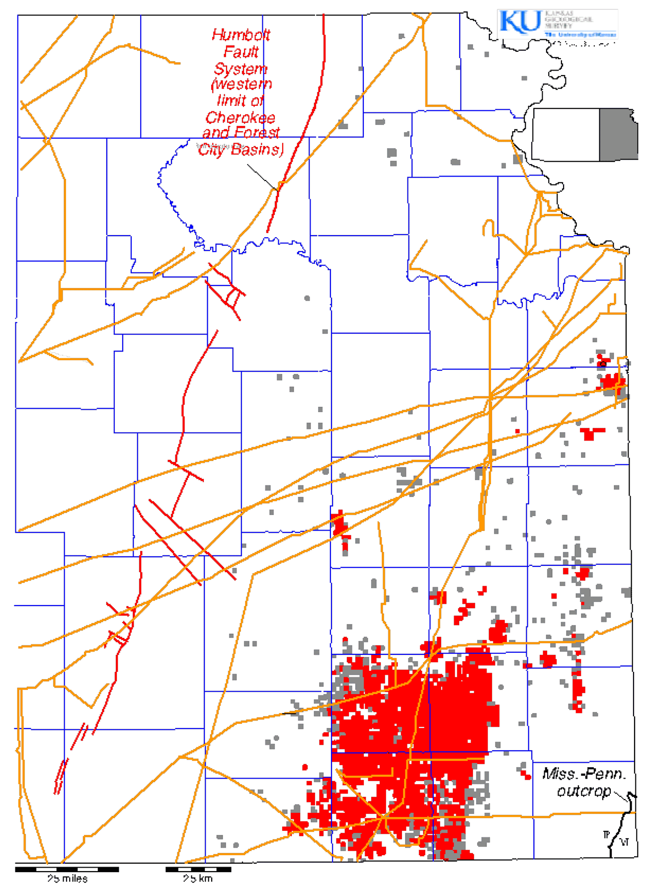Locations of sections (nominally 1 square mile) in eastern Kansas with record of CBM production and sections with at least one well drilled for CBM but no production recorded.
