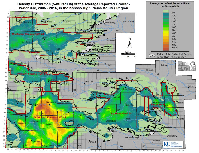 Density distribution (5-mi radius) of the average reported ground-water use, 2005-2015, in the Kansas High Plains Aquifer region.