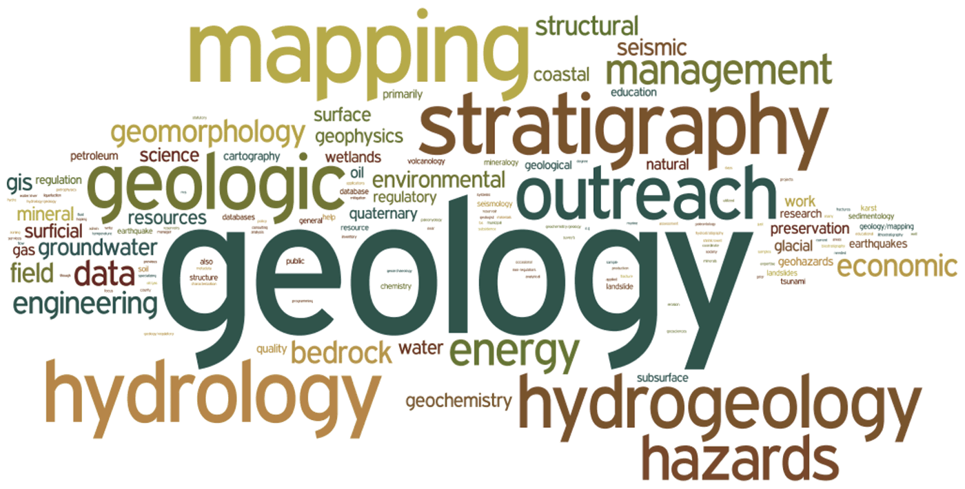 Areas of research and work (terms scaled to reflect frequency of response).