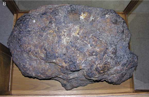 Photo of meteorite, browninsh purple exterior.