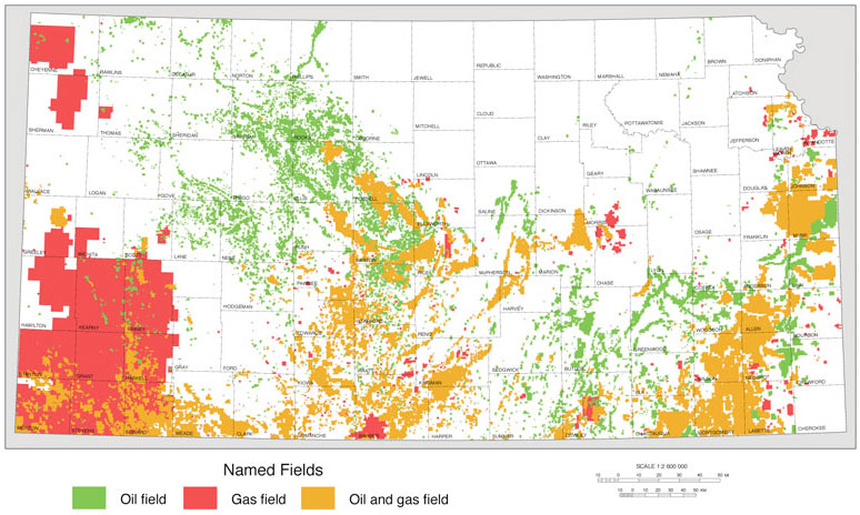 Map of Kansas showing locations of oil and gas fields.