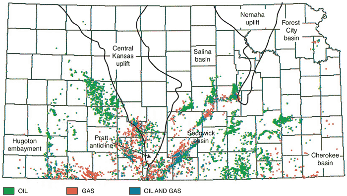 Map of Kansas showing locations of Mississippian oil and gas production.