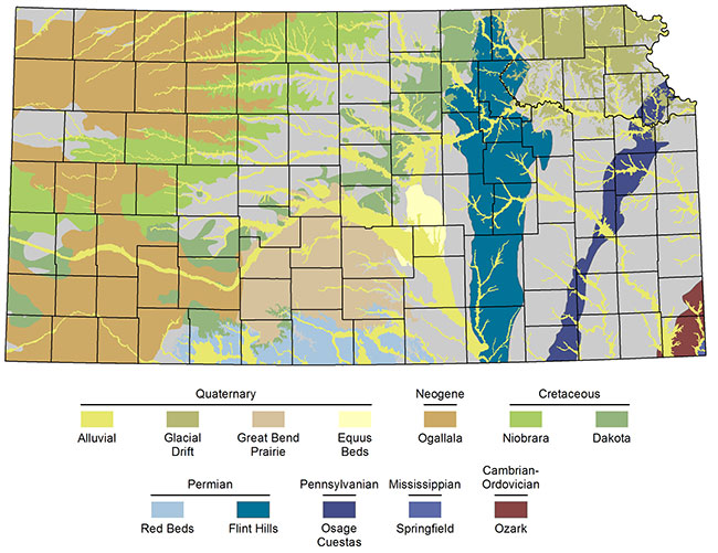 Map of Kansas shows different aquifers found in the state.