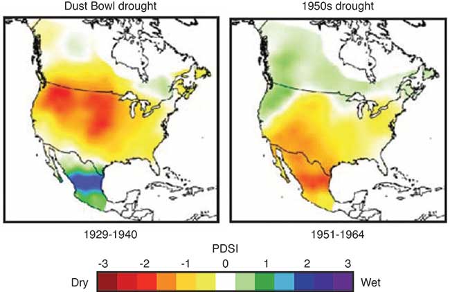 Two maps of North America showing drought patterns from 1930s (stronger in north central and NW USA) and 1950s (stronger in SW USA and central Mexico).