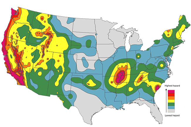 Map of the lower 48 states of the USA showing Kansas is in lowest or second lowest earthquake hazard rankings.