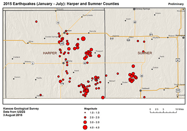 Earthquakes in Harper and Sumner counties in 2015.