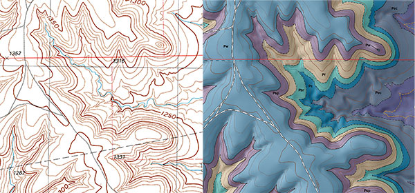 The same area of the Flint Hill shown as a topographic map and a geologic map.