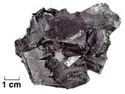 Photo of gray, shiny mineral; rectangular crystals in all orientations.